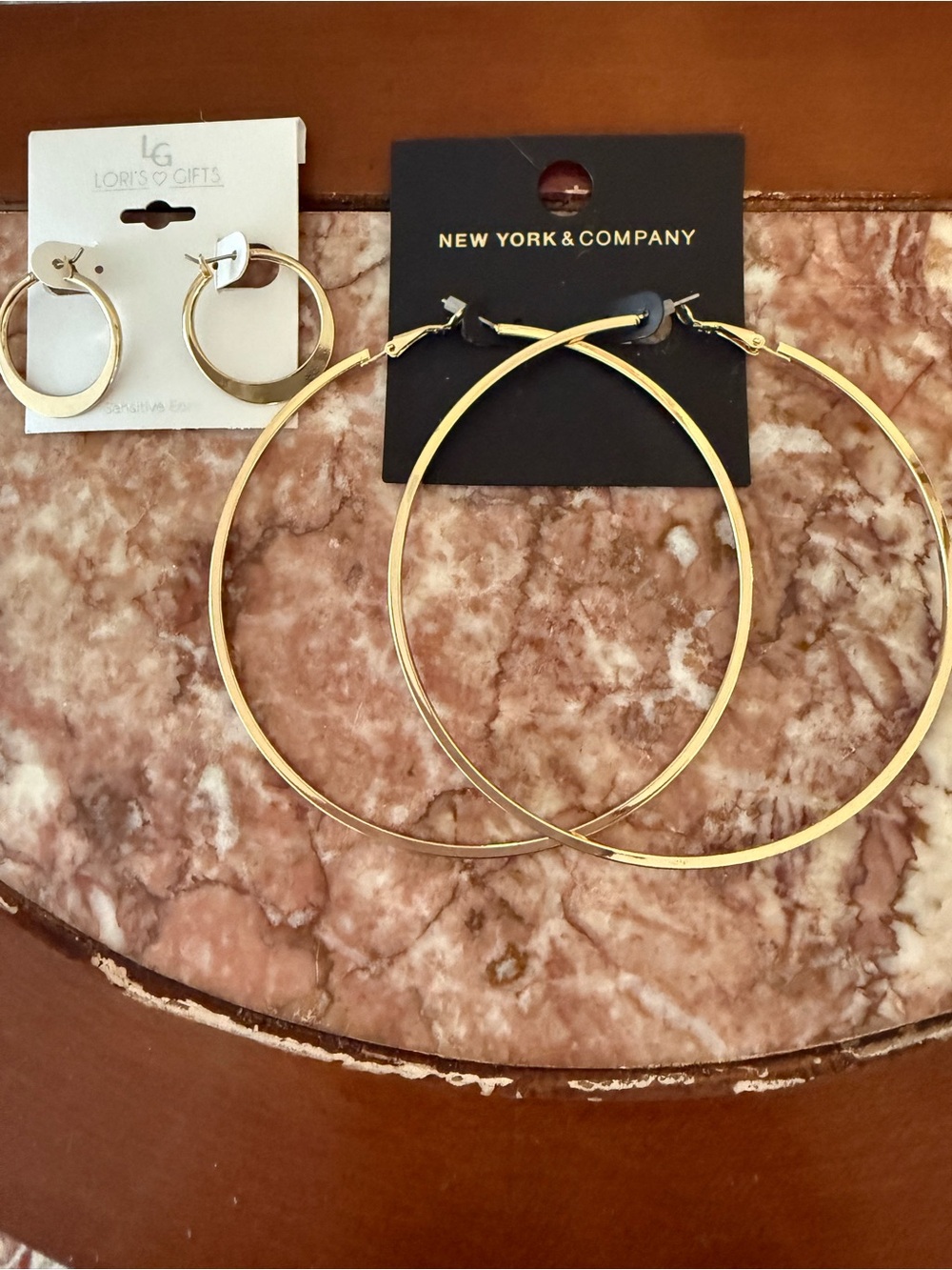 New York & Company Gold Oversized & LG thin  Hoop Earring Set-2 - Picture 4 of 9